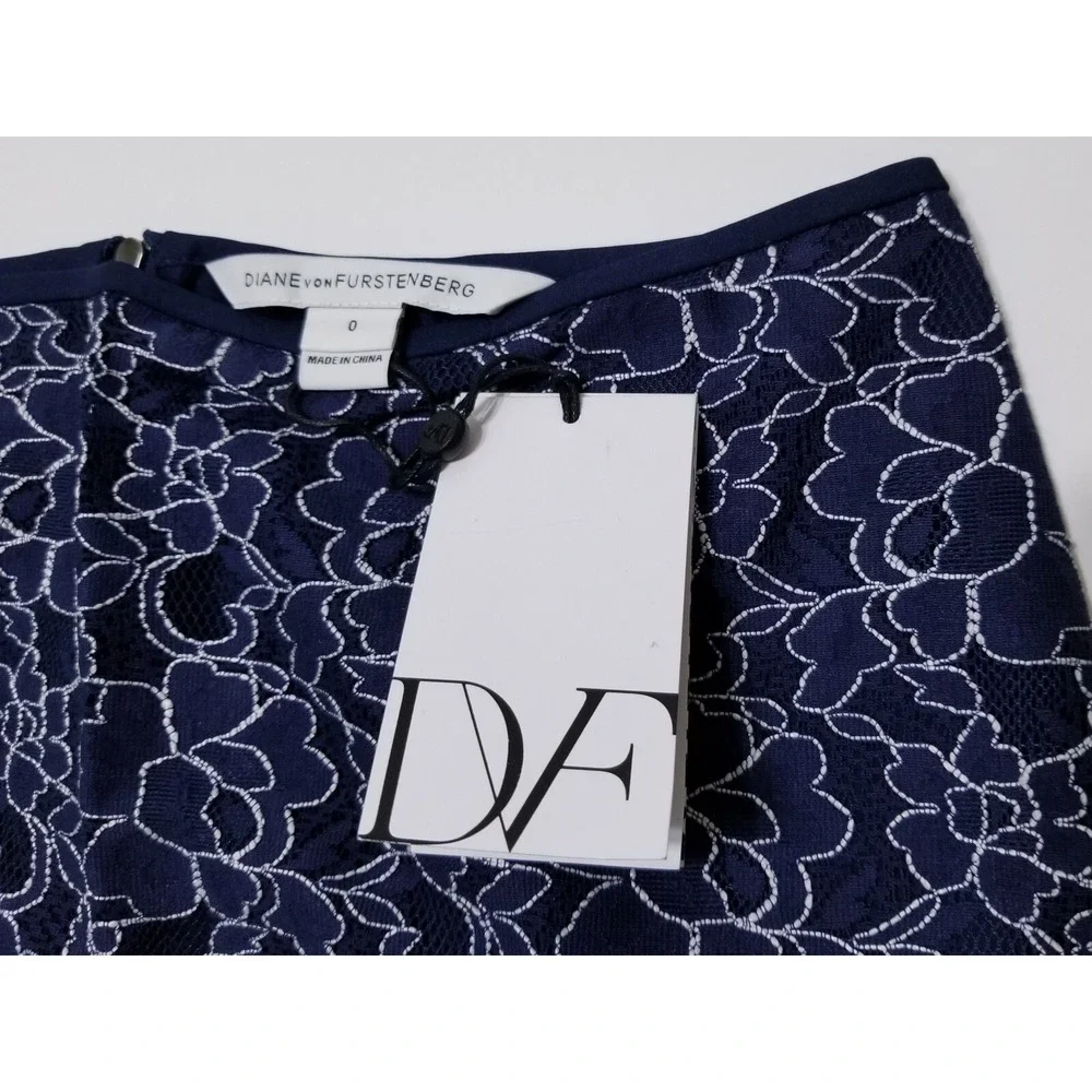 DVF Scotia Corded Lace Pencil Skirt Midnight Navy White NWT 0 2 4 $248